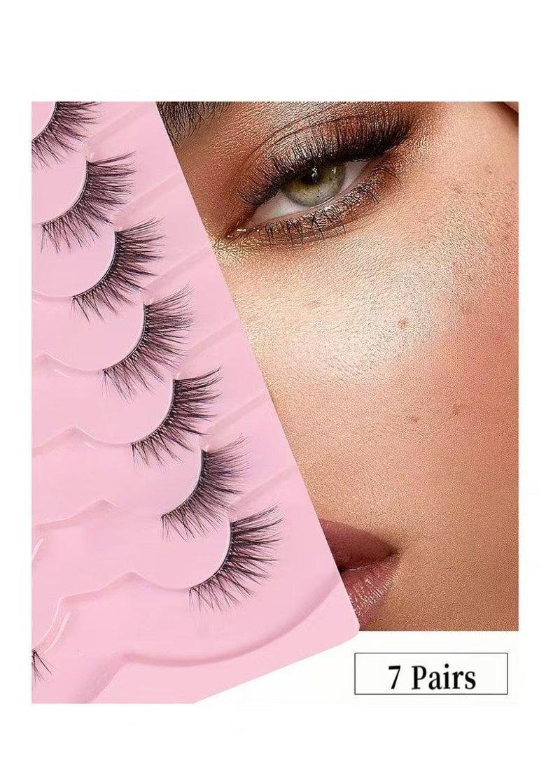 بيوتي بوكس 7 أزواج رموش كاذبة ، كريسكروس رموش مزيفة متعددة الطبقات ، مظهر طبيعي عيون القط نصف رموش ويسبي فلوفي منك الزائف - Image 1